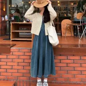 롱 원피스 트렌디 데님 나시 여성 빈티지 스모크 밴딩 나시 데님