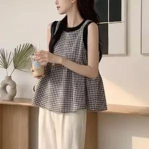 린넨 체크 백리본 민소매 블라우스 셔링 나시 셔츠