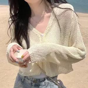 여성 여름 시스루 크롭 가디건 비치웨어 루즈핏 펀칭오버 여리 웨어 커버업 휴가룩 리조트 데일리 여행 바