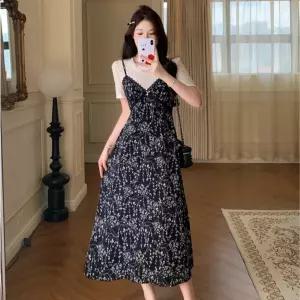 네디아 플라워 뷔스티에 롱 원피스 페이크 레이어드 A라인 여름 휴양지 데일리룩 빅사이즈까지