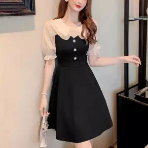 네디아 프릴 빅카라 배색 미디 원피스 시스루 퍼프소매 A라인 플레어 데이트룩 빅사이즈까지