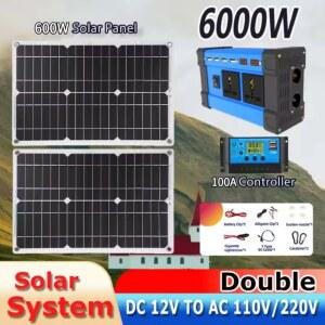 6000W 태양광 발전 완전 세트 12V에서 220V 인버터 100A 컨트롤러 600W 패널 시스템 가정/RV/캠핑용 전체 주택 발전기