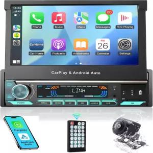 TONIKPMS-T 싱글 디인 카 스테레오 무선 CarPlay 및 Android Auto 지원 - 7 모터 구동 플립형 터치스크린