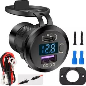 SVAHAOMG 고속 충전 3.0 듀얼 USB 자동차 소켓 LED 전압계 및 ON 오프 스위치 퓨즈 와이어 키트 12V/24V PD