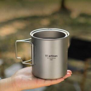 Tiartisan 티타늄 750ml 접이식 커피 머그잔 뚜껑이있는 티 컵 야외 캠핑 하이킹 초경량 휴대용 걸이형 끓는 냄비