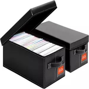 요요부부 DVD 보관함 블랙 인조 가죽 케이스 뚜껑 포함 25개 표준 선반 정리함 접이식 및 적층 가능 미디어