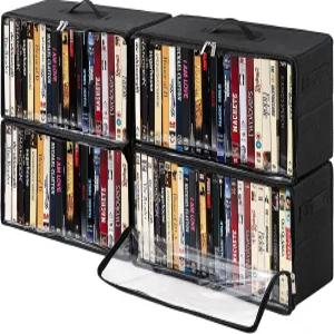 Beveetio 4개 세트 DVD 보관함 앞면 지퍼형 투명 창이 있는 적층형 케이스 홀더 및 정리함 CD 블루레이 VHS