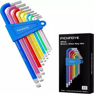 FICHFOYE 9개 세트 미터법 앨런 키 컬러 코드 포함 1.5-10mm 미끄럼 방지 롱 볼 엔드 육각 렌치 기계 장비