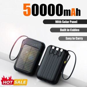 50000mAh 태양광 보조배터리 내장 케이블 태양광 충전기 2개 USB 포트 외부 충전기 LED 라이트 포함 아이폰 샤오미용