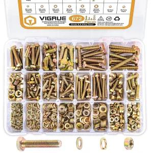 VIGRUE 672PCS 등급 8.8 M4 M5 M6 미터 볼트 너트 모음 헤비 듀티 헥스 헤드 및 키트 13 크기 포함