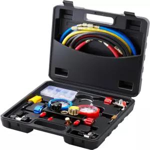 VEVOR 4 Way AC 게이지 - R134A R22 R12 R410A 냉매용 매니폴드 세트 5피트 호스가 있는 프레온 커플러