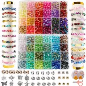XJRLUK 유리 구슬 팔찌 만들기 키트 1350PCS 48색 주얼리 제작용 8mm 크래클 DIY 공예 선물용 크리스탈