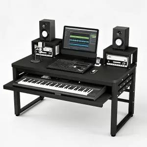 풀아웃 MIDI 키보드 트레이가 있는 뮤직 스튜디오 데스크 녹음 듀얼 모니터 선반이 음악 제작 홈 및