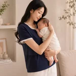 수디바 수유티셔츠 배색 라인 포인트 반팔 외출 수유복
