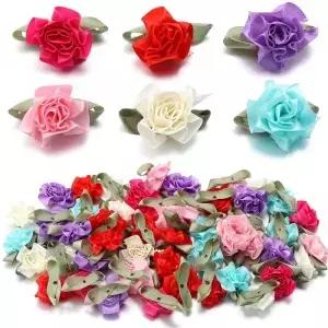 수제 카네이션 꽃 새틴 리본 원단 아플리케 DIY 웨딩 장식 공예 바느질 액세서리 3x4cm 로트당 20 개