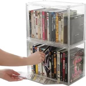 Beveetio 아크릴 2팩 DVD 보관 상자 도어가 있는 적층형 케이스 홀더 정리기 CD 블루레이 비디오 게임용