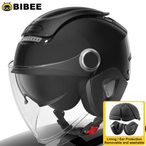 BIBEE 전기 자전거 오토바이 헬멧 겨울 따뜻한 3/4 오픈 페이스 헬멧 듀얼 렌즈 커패시턴스 남성 여성 제트 스쿠터 하프 헬멧