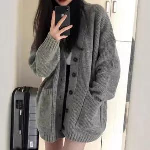 무드 여성리여리 루즈 오버핏 니트 가디건 학생 교복 빅포켓 롱