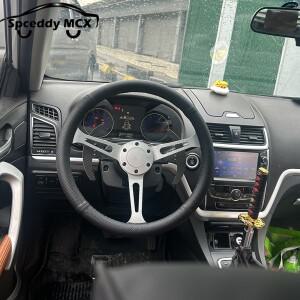 Spceddy MCX JDM 블랙 리얼 가죽 튜닝 스포츠 스티어링 휠, 클래식 레이싱 천공 380mm 실버, 15 인치