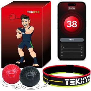 TEKXYZ 카운터 앱과 온라인 커뮤니티가 있는 반사 신경 볼 난이도 2단계 헤드밴드가 달린 복싱 볼로 반응력 민첩성 펀치 속도 파이트 스킬 손과 눈의 협응력 훈련에 딱 맞습니다