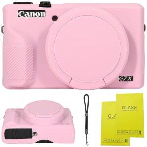 캐논 파워샷 G7 X MARK III 디지털 카메라용 SZHSYJY 케이스 | G7X DSLR 소프트 실리콘 케이스 화면 보호필름 2개와 손목 스트랩 1개 포함. (핑크)