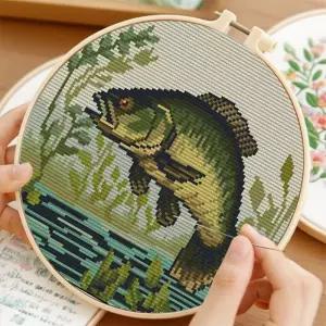 초보자를 위한 베이스피시 DIY 스탬프 십자수 키트 후프 포함 11CT 쉬운 니들포인트 자수 카운티드 아트