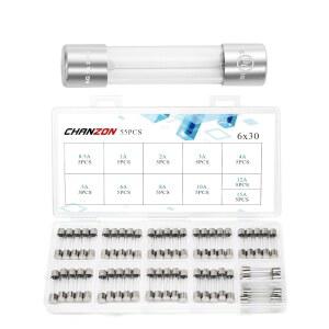 찬존 55개입 11가지 규격 6X30MM 유리 카트리지 튜브 퓨즈 조립 키트 | UL 등록된 고속 점화 U2014 11 등급(0.5A-15A) 125V/250V AC 읽기 쉬운 라벨 및 컴팩트 보관 상자 포함