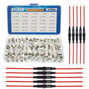BOJACK 5X20MM 인라인 스크류 타입 퓨즈 홀더 16 AWG 빨간 전선 포함 + 15개 150개입 패스트 블로우 글라스 250V 0.1 0.2 0.25 0.5 1 1.5 2 3 4 5 8 10 12 15 20A 어셈블리 키트