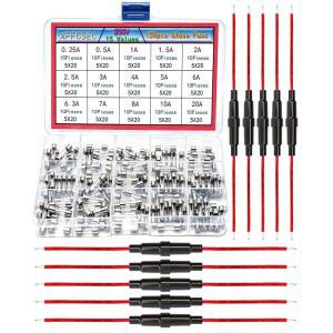 XFFCSEC 5X20 MM 퓨즈 홀더 인라인 스크류 타입 및 와이어 콤보 키트:빨간색 전선과 150개의 패스트 블로우 유리 퓨즈를 제공합니다. 15가지 유형: 0.25A 0.5A 1A 1.5A 2A 2.5A 3A 4A 5A 6A 6.3A 7A 8A 10A 20A