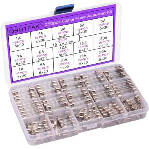 QBGTFAK 15 VALUES 250 PCS FAST-BLOW GLASS FUSES ASSORTMENT KIT 6X30MM 250V 1A 2A 3A 5A 6A 7A 8A 10A 15A20A 5X20MM 15A 20A AMP PACKAG IN A CLEAR PLASTIC BOX