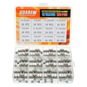 HUAREW 12가지 값 120개입 5X20MM 슬로우 블로우 유리 퓨즈 0.2 X 0.78인치 250V 전압 T0.5 T1 T1.25 T1.6 T2 T2.5 T3 T3.15 T4 T5 T6.3 T10A 앰프 어셈블리 키트