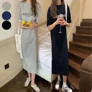 여성 레터링 포인트 면 반팔 롱 원피스 여름 데일리