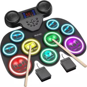 7색 LED 조명 쇼가 있는 전자 드럼 세트 9패드 블루투스 미디 지원 더 나은 를 위한 여분의 두꺼운 완벽한