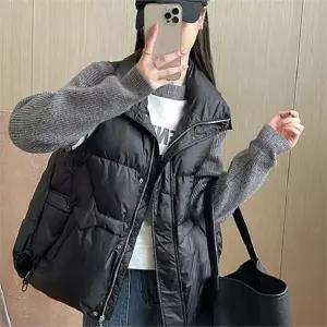 여성 스트링 패딩 조끼 하이넥 라운드 겨울 여성 루즈핏 패딩 조끼 경량 누빔 베스트