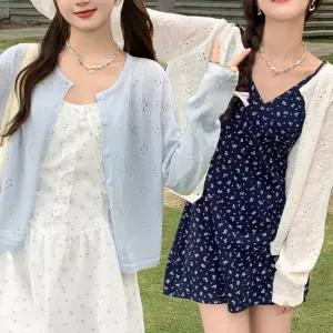 여성 여름 봄 휴양지 얇은 펀칭 긴팔 가디건