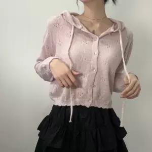 파스텔 색감 펀칭 후드 니트 티 가디건 3color 핑크 크림 그레이 세미크롭 T133