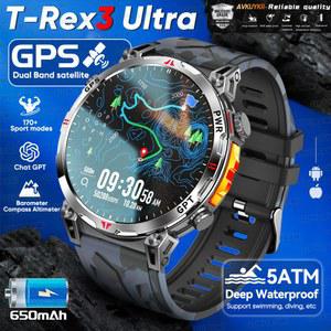 2025년 신형 밀리터리 T-Rex3 울트라 GPS 스마트워치 내장 GPS 나침반 고도계 기압계 5ATM 방수 650mAh 스포츠 팔찌 남성용