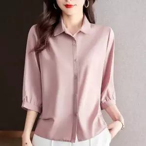 여성 솔리드 카라넥 패션 캐주얼 트랜드 엘레강스 데일리 셔츠 7부 소매 심플