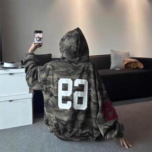 홈센주샵 남성 카무플라주 레터링 자수 후드 가을 빈티지 커플 카디건
