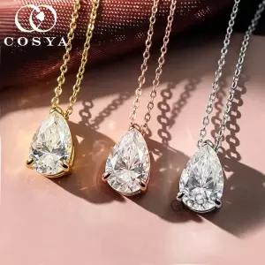 YA 1-4CT 여성용 배 모양 모이사 목걸이 S925 실버 도금 골드 물방울 다이아몬드 솔리테어 Dianty Fine