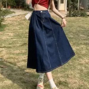 데이트룩 여성 청치마 롱 데님 스커트 A라인 플레어 뒷밴딩 치마