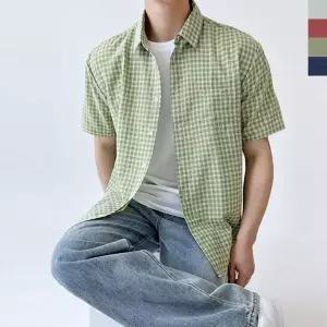 [제이큐]시어서커 여름 체크 오버핏 반팔 칼라 남방 셔츠 남성