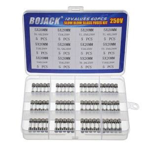 BOJACK 12가지 값 60개 슬로우 블로우 유리 퓨즈 어셈블리 키트 5X20MM 250V T0.5A 1A 1.25A 1.6A 2A 2.5A 3A 3.15A 4A 5A 6.투명 플라스틱 박스에 담긴 10A