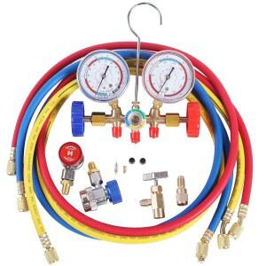 JIFETOR 3방향 AC 매니폴드 게이지 세트(자동차 및 가정용 R404A R134A 충전용) | HVAC 진단 냉매 충전 도구 포함 3개 세트 5피트 호스 조절 가능한 퀵 커플러 셀프 피어싱 캔 탭 어댑터 포함