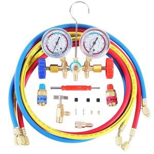JIFETOR 3방향 AC 매니폴드 게이지 세트(자동차 및 가정용 R404A R134A 충전용) | HVAC 진단 냉매 충전 도구 포함 3개 세트 5피트 호스 퀵 커플러 셀프 피어싱 캔 탭 어댑터 밸브 코어
