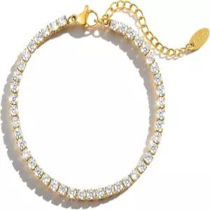 루벨 18K PVD 골드 도금 3mm 큐빅 지르코니아 테니스 팔찌 - 여성용 클래식 골드/실버 조절 가능 방수 수제