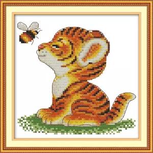 Funcrostitch 초보자용 십자수 키트 14CT 도안 미인쇄 자수 세트 DMC 면실 니들워크 어른용 - 타이거 앤 비