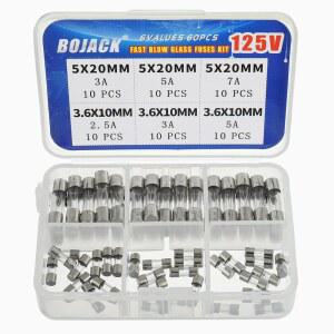 BOJACK 크리스마스 조명 퓨즈 5X20MM 125V 3A 5A 7A 퓨즈 패스트 블로우 유리 3.6X10MM 미니 2.5A 앰프 어셈블리 키트 BJ-125V-6V60P