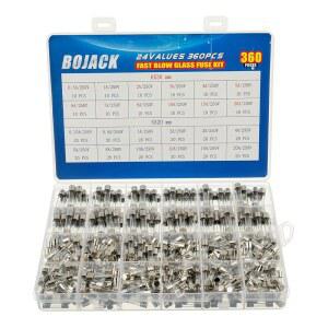 BOJACK 24가지 값 360개 패스트 블로우 유리 퓨즈 어셈블리 키트 5X20MM 250V 0.25 0.5 1 2 3 4 5 8 10 12 15 20A 6X30MM 6 7 앰프 클리어 플라스틱 박스에 포장됨