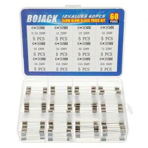BOJACK 12가지 값 60개 슬로우 블로우 유리 퓨즈 어셈블리 키트 6X30MM 250V T 0.5A 1A 2A 3A 4A 5A 6A 7A 8A 10A 15A 20A 투명 플라스틱 박스에 포장됨